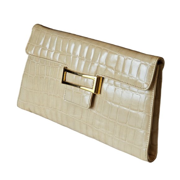 MADE IN ITALY Croc Embossed Ivory Patent Leather Clutch Crossbody - Picture 6 of 13
